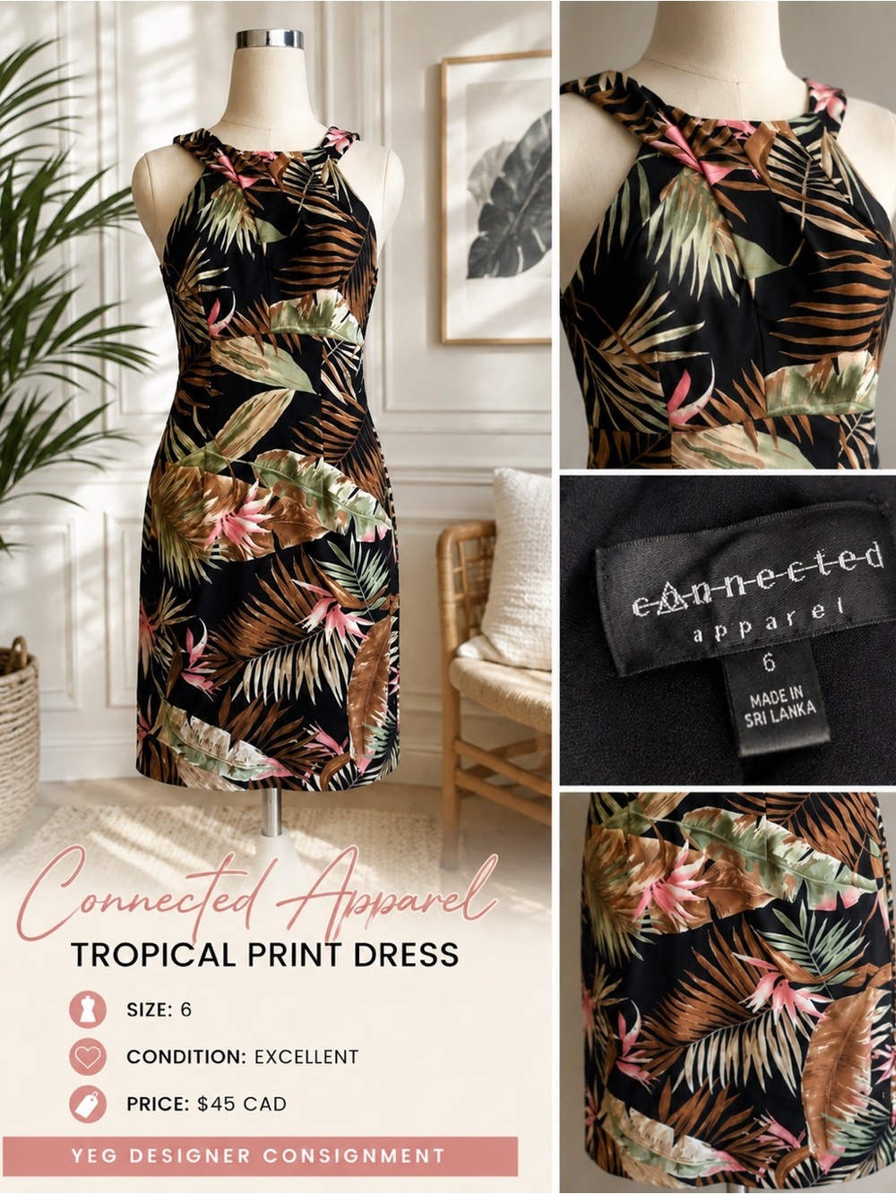 Connected Apparel Tropical Palm Print Dress Size 6